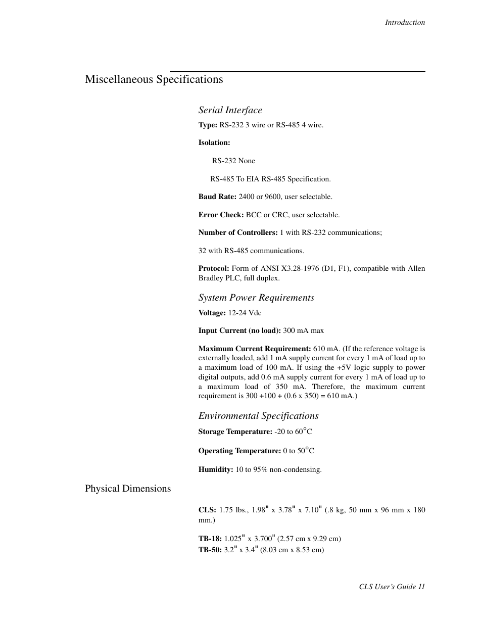 Miscellaneous specifications, Physical dimensions, Serial interface | System power requirements, Environmental specifications | Watlow CLS User Manual | Page 19 / 180