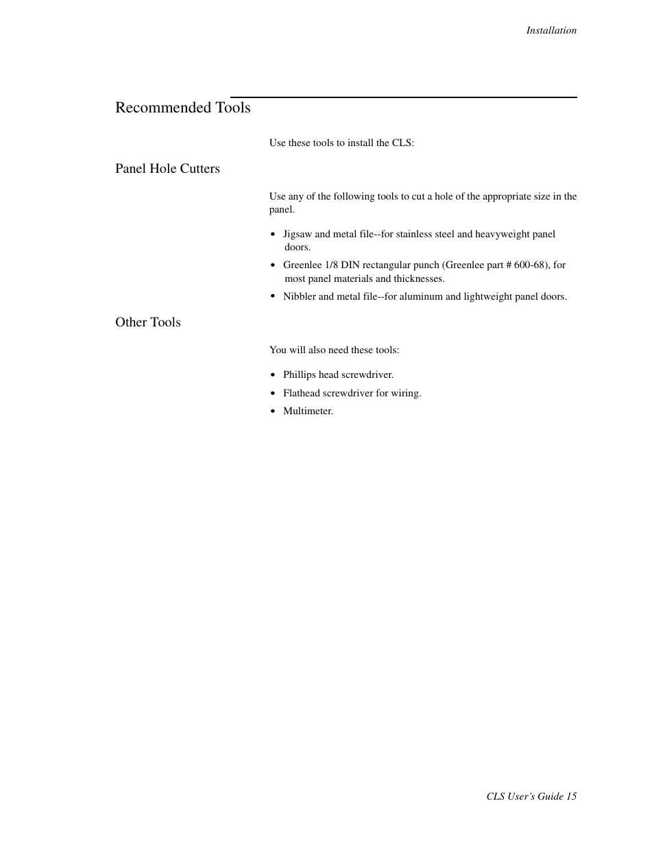Recommended tools, Panel hole cutters, Other tools | Watlow CLS User Manual | Page 23 / 180