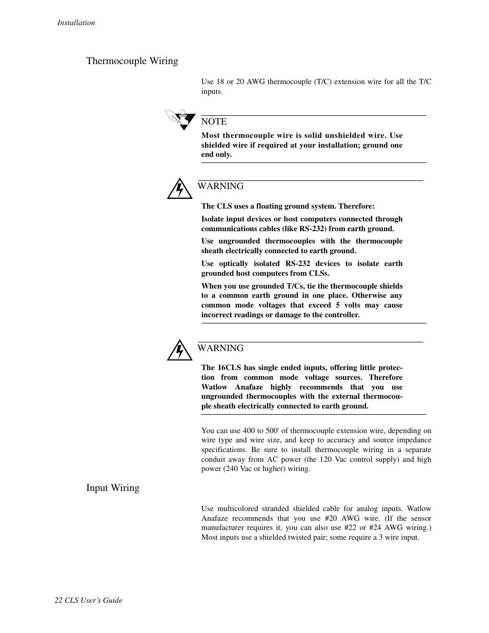 Thermocouple wiring, Input wiring | Watlow CLS User Manual | Page 30 / 180