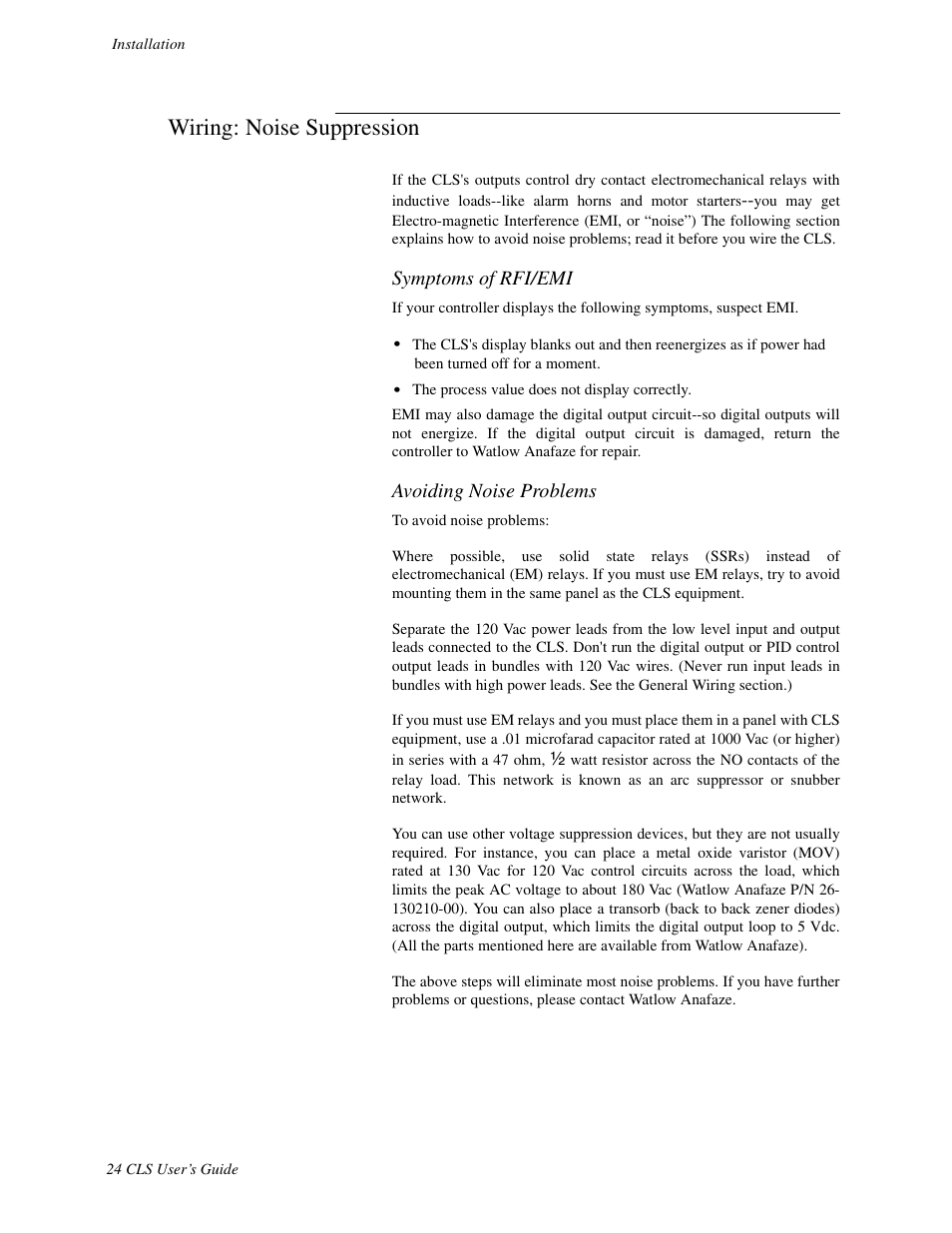 Wiring: noise suppression, Symptoms of rfi/emi, Avoiding noise problems | Watlow CLS User Manual | Page 32 / 180