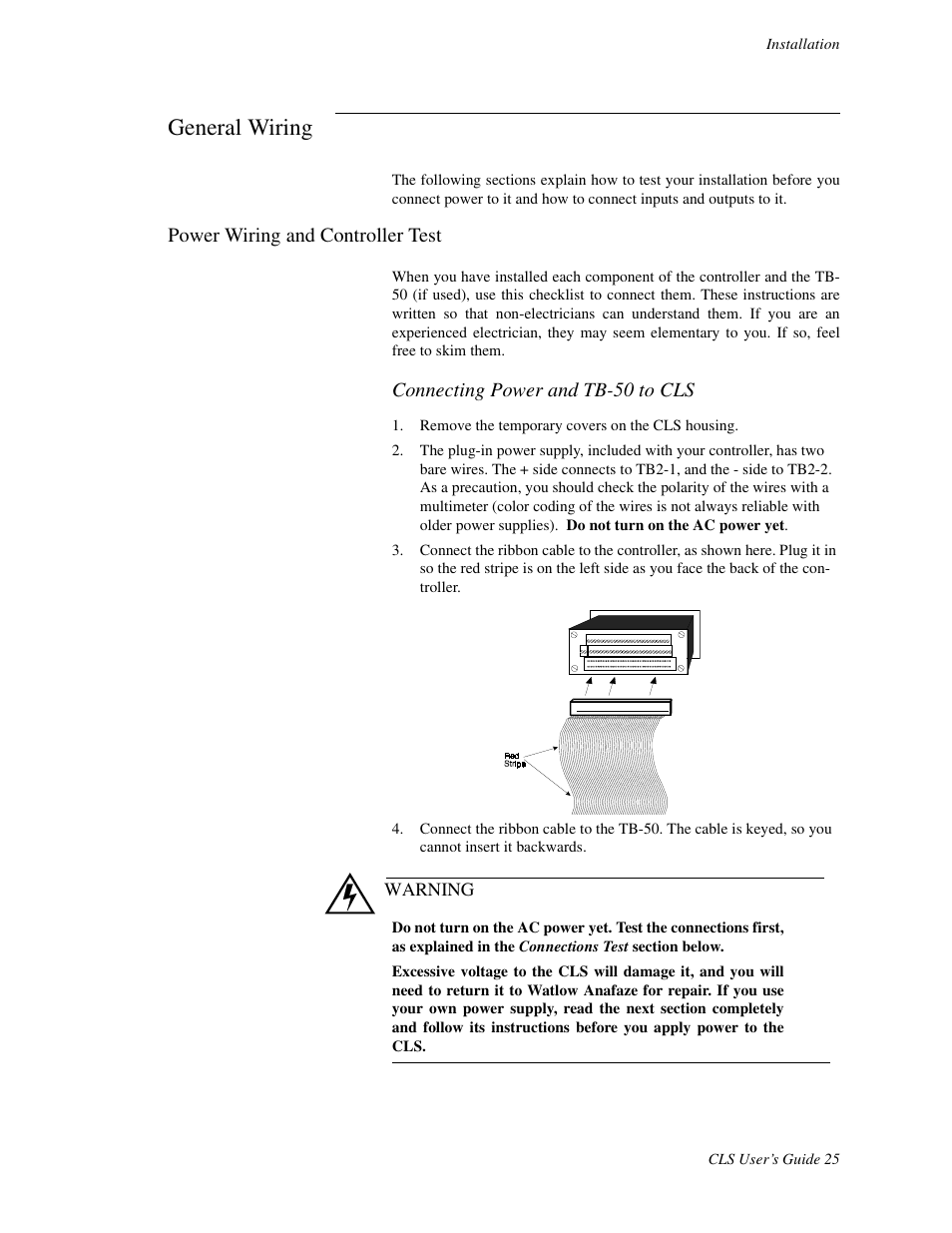 General wiring, Power wiring and controller test, Connecting power and tb-50 to cls | Watlow CLS User Manual | Page 33 / 180