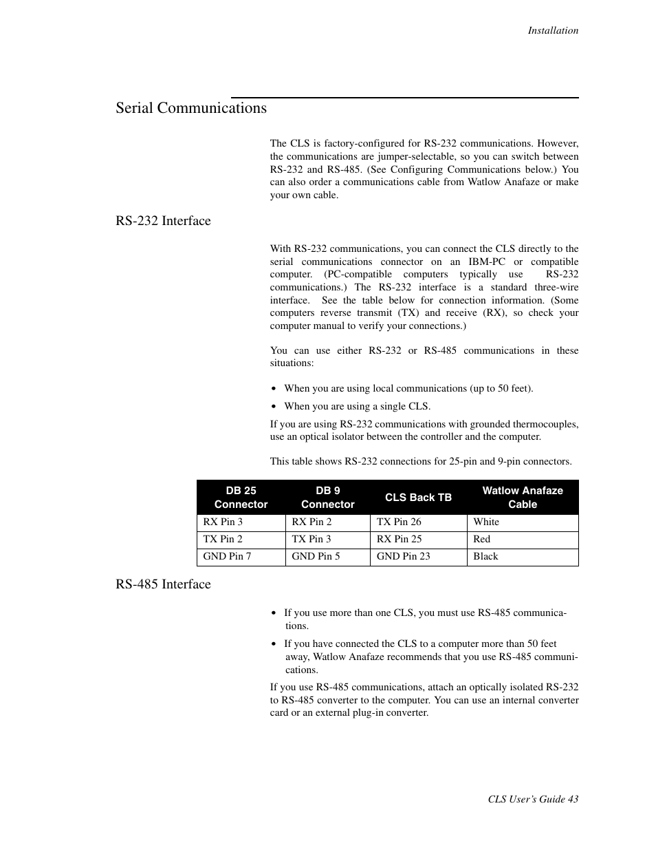 Serial communications, Rs-232 interface, Rs-485 interface | Watlow CLS User Manual | Page 51 / 180
