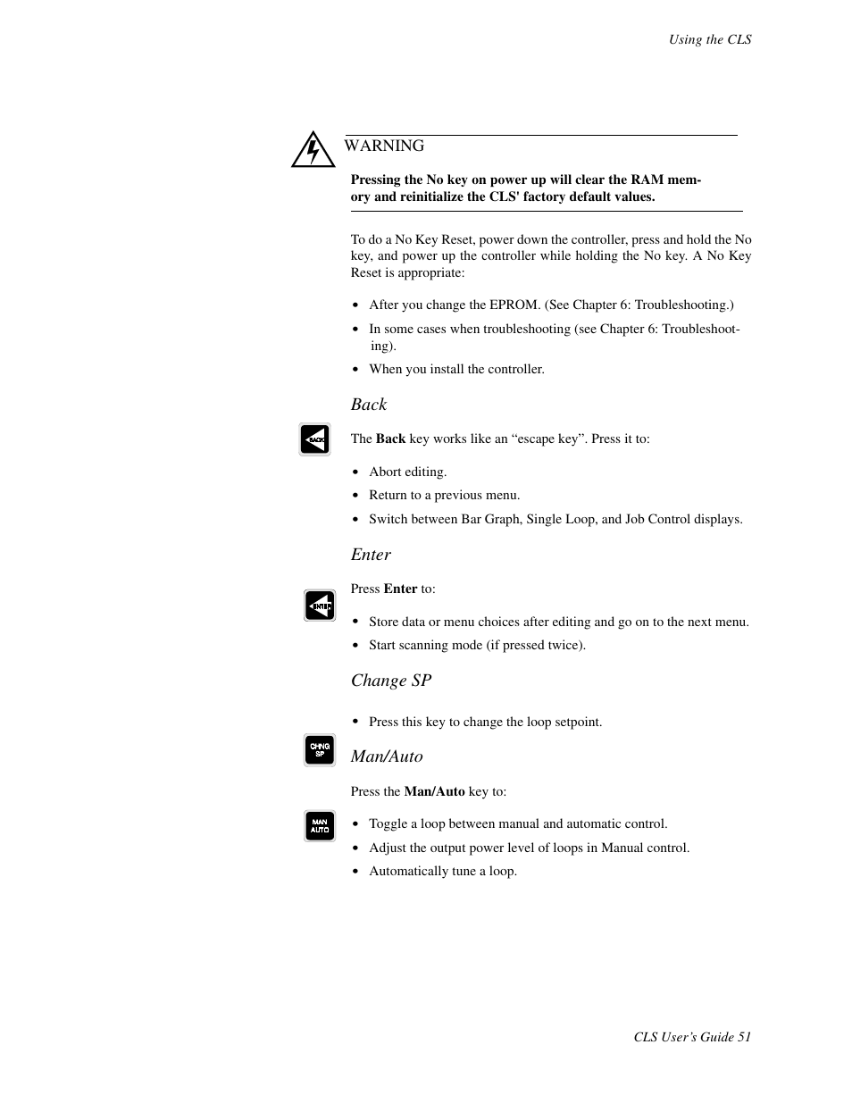 Back, Enter, Change sp | Man/auto | Watlow CLS User Manual | Page 59 / 180