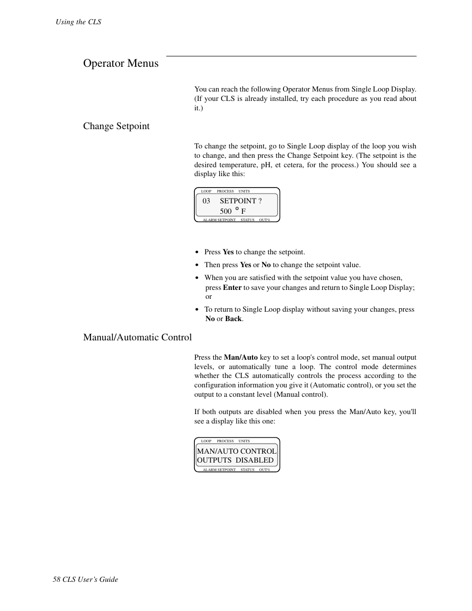 Operator menus, Change setpoint, Manual/automatic control | Watlow CLS User Manual | Page 66 / 180