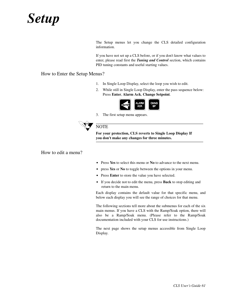 Setup, How to enter the setup menus, How to edit a menu | Watlow CLS User Manual | Page 69 / 180