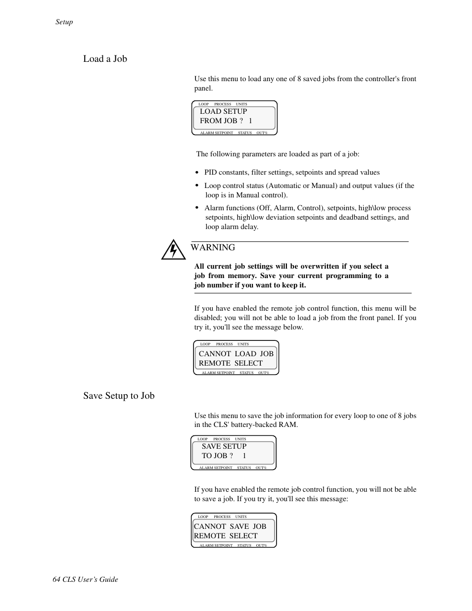 Load a job, Save setup to job, Warning | Watlow CLS User Manual | Page 72 / 180