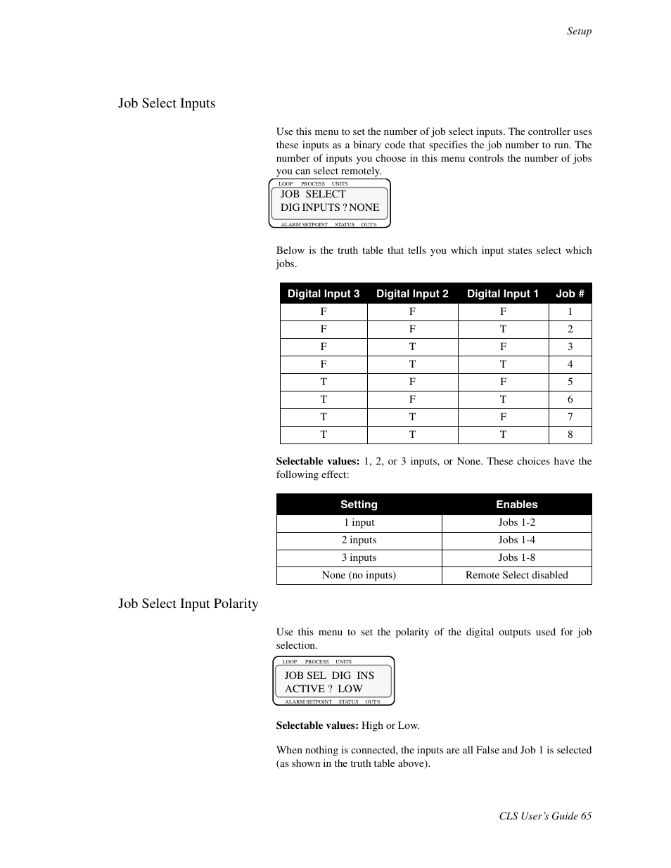 Job select inputs, Job select input polarity | Watlow CLS User Manual | Page 73 / 180