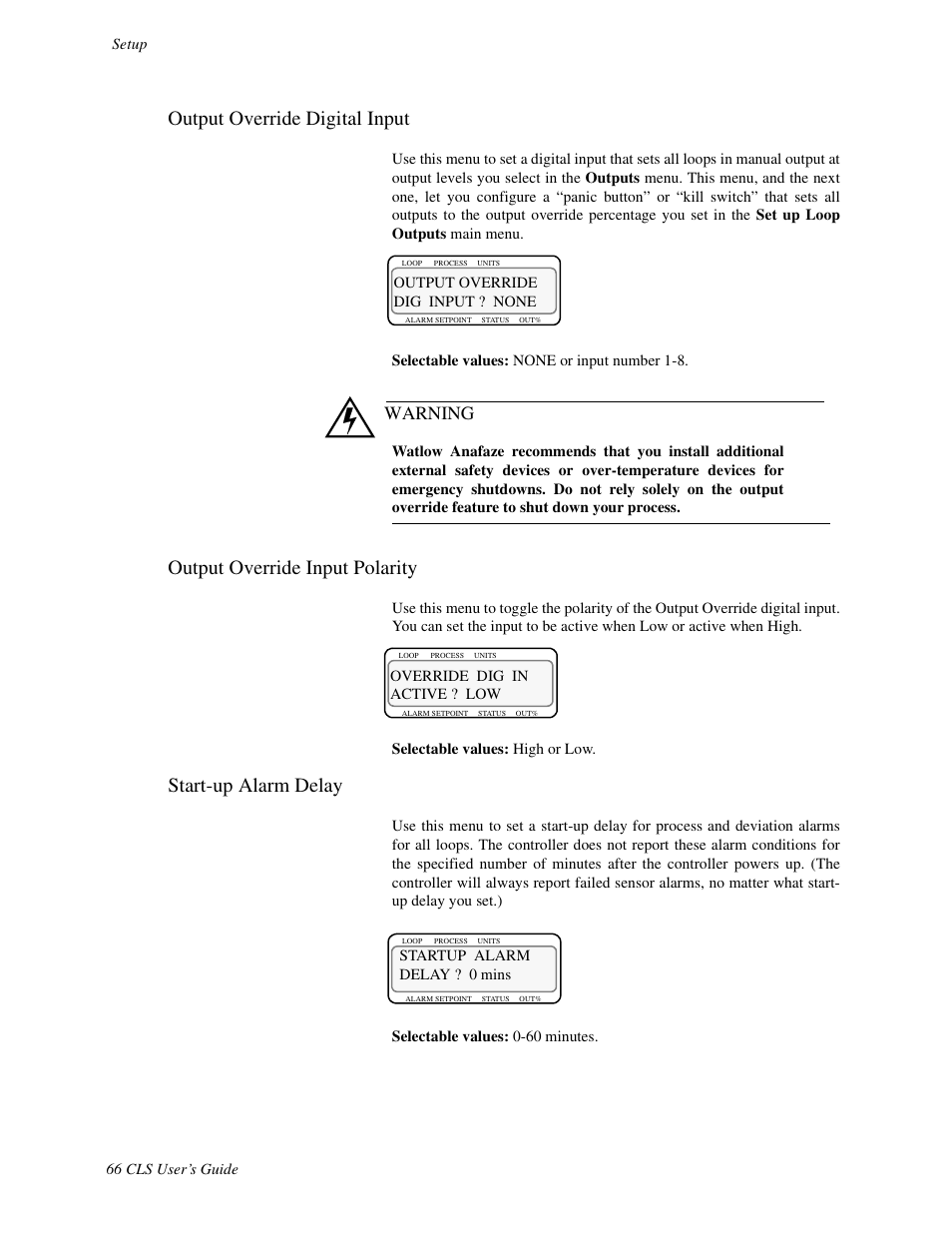 Output override digital input, Output override input polarity, Start-up alarm delay | Warning | Watlow CLS User Manual | Page 74 / 180
