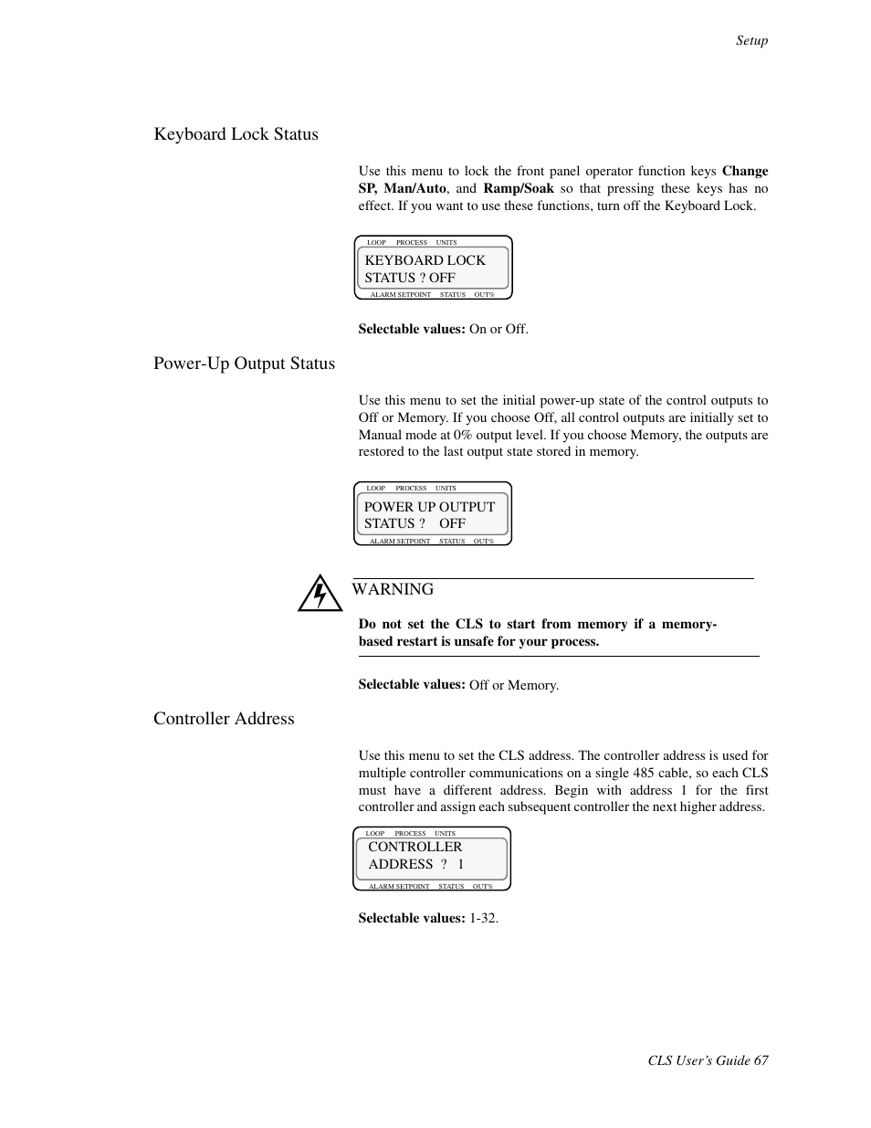 Keyboard lock status, Power-up output status, Controller address | Warning | Watlow CLS User Manual | Page 75 / 180