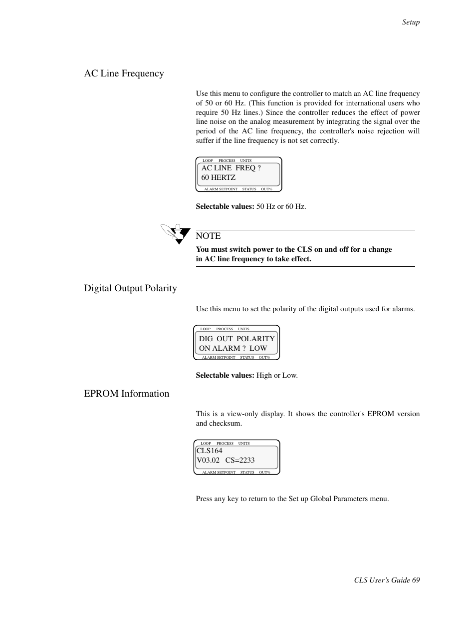 Ac line frequency, Digital output polarity, Eprom information | Watlow CLS User Manual | Page 77 / 180