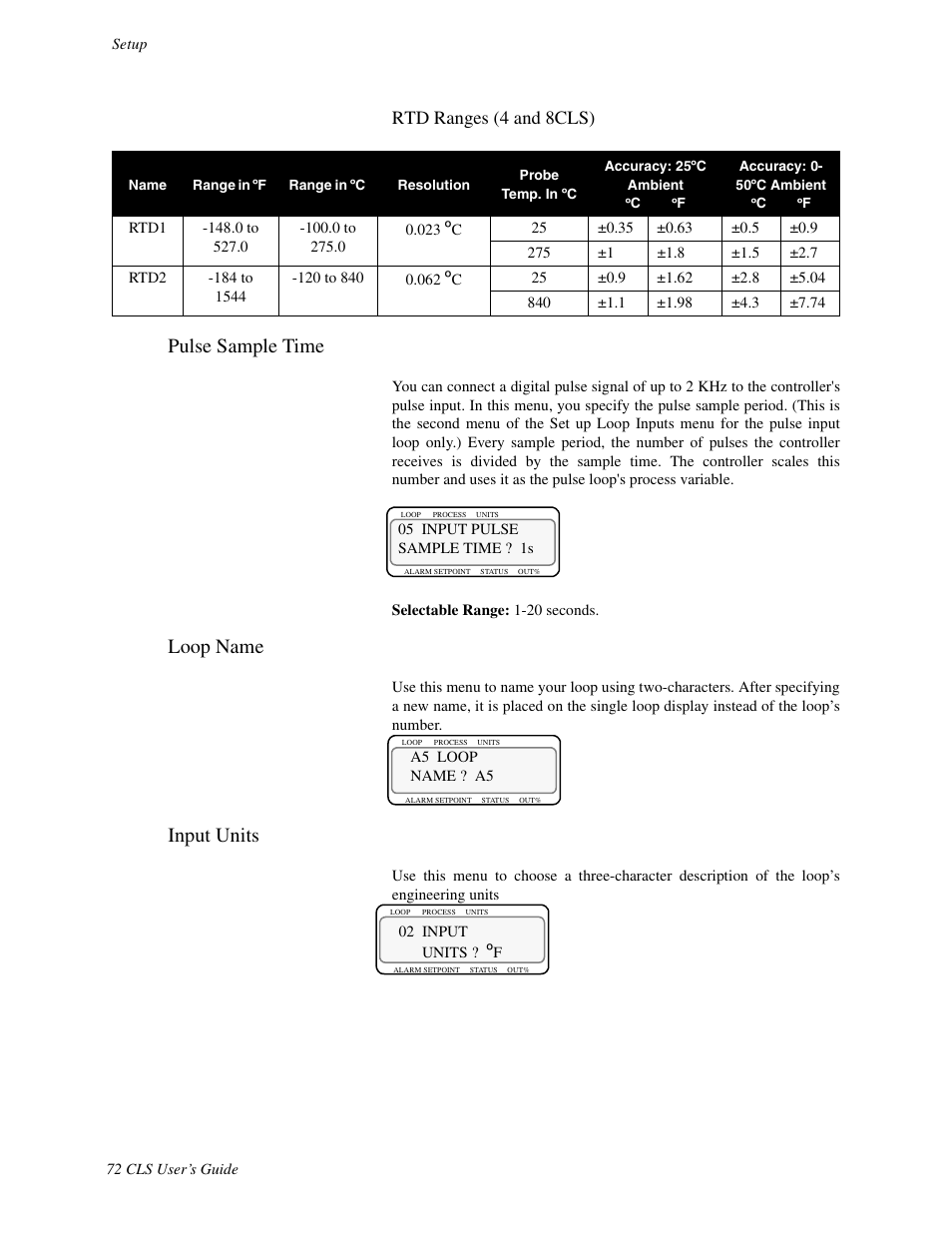 Pulse sample time, Loop name, Input units | Rtd ranges (4 and 8cls) | Watlow CLS User Manual | Page 80 / 180