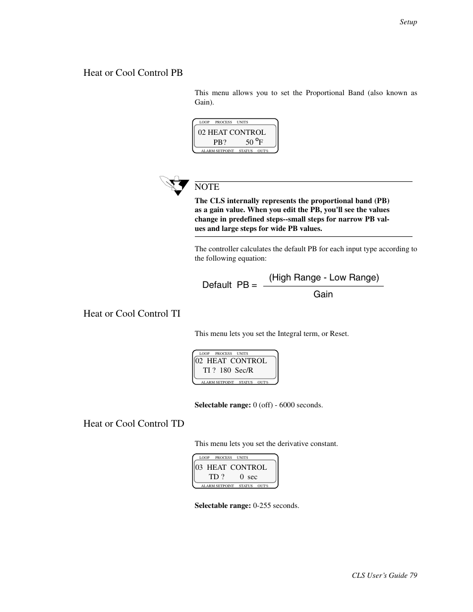 Heat or cool control pb, Heat or cool control ti, Heat or cool control td | Default pb = (high range - low range) gain | Watlow CLS User Manual | Page 87 / 180