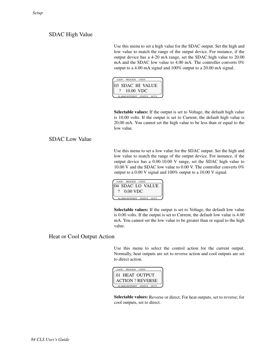 Sdac high value, Sdac low value, Heat or cool output action | Watlow CLS User Manual | Page 92 / 180