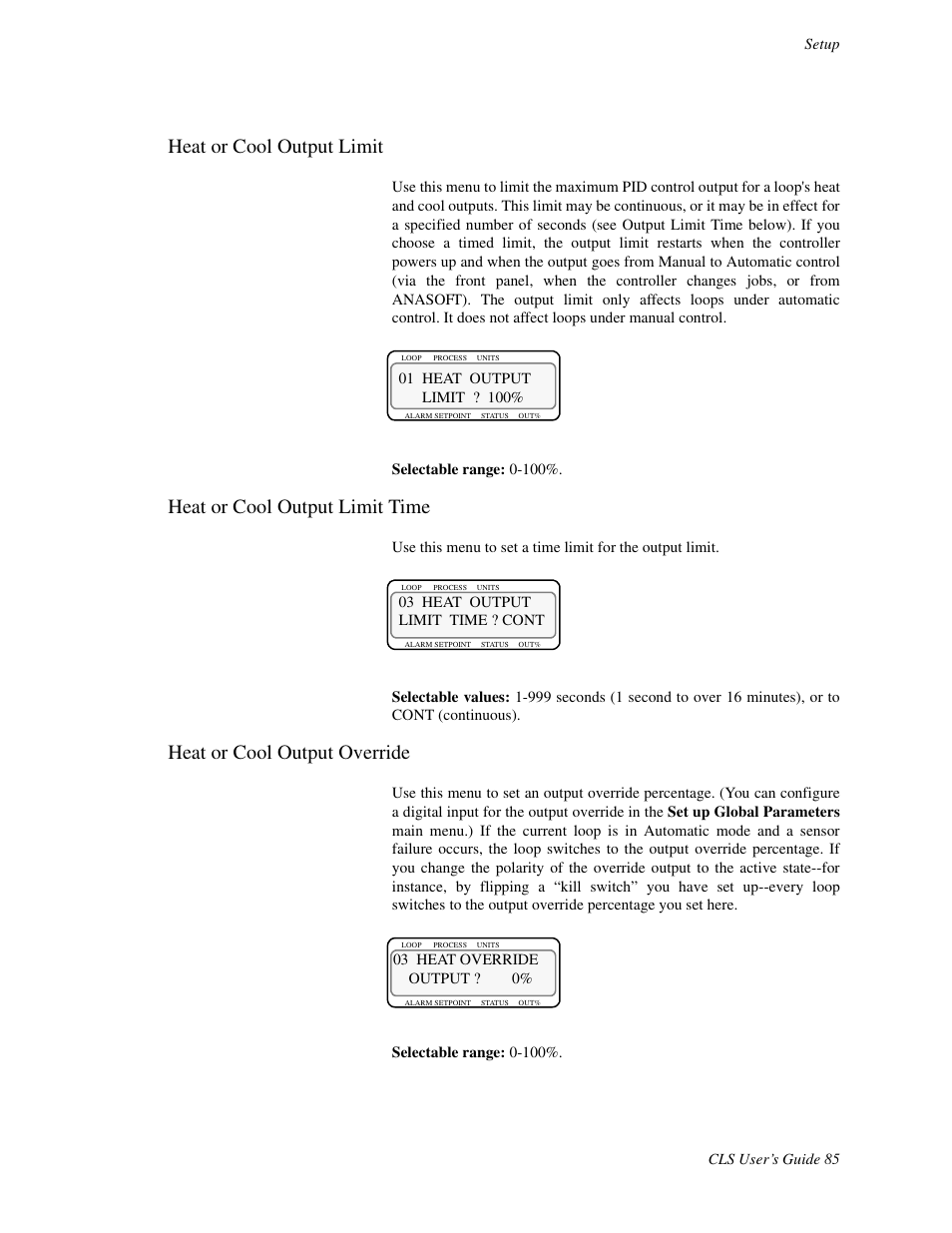 Heat or cool output limit, Heat or cool output limit time, Heat or cool output override | Watlow CLS User Manual | Page 93 / 180