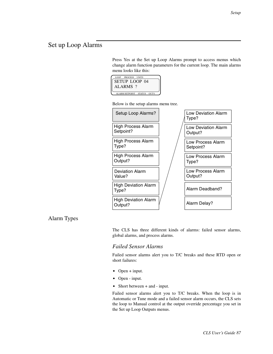 Set up loop alarms, Alarm types, Failed sensor alarms | Watlow CLS User Manual | Page 95 / 180