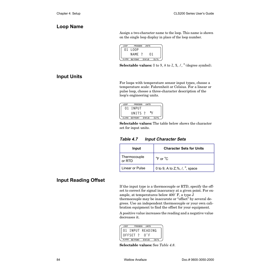 Loop name, Input units, Input reading offset | Watlow CLS200 User Manual | Page 100 / 251