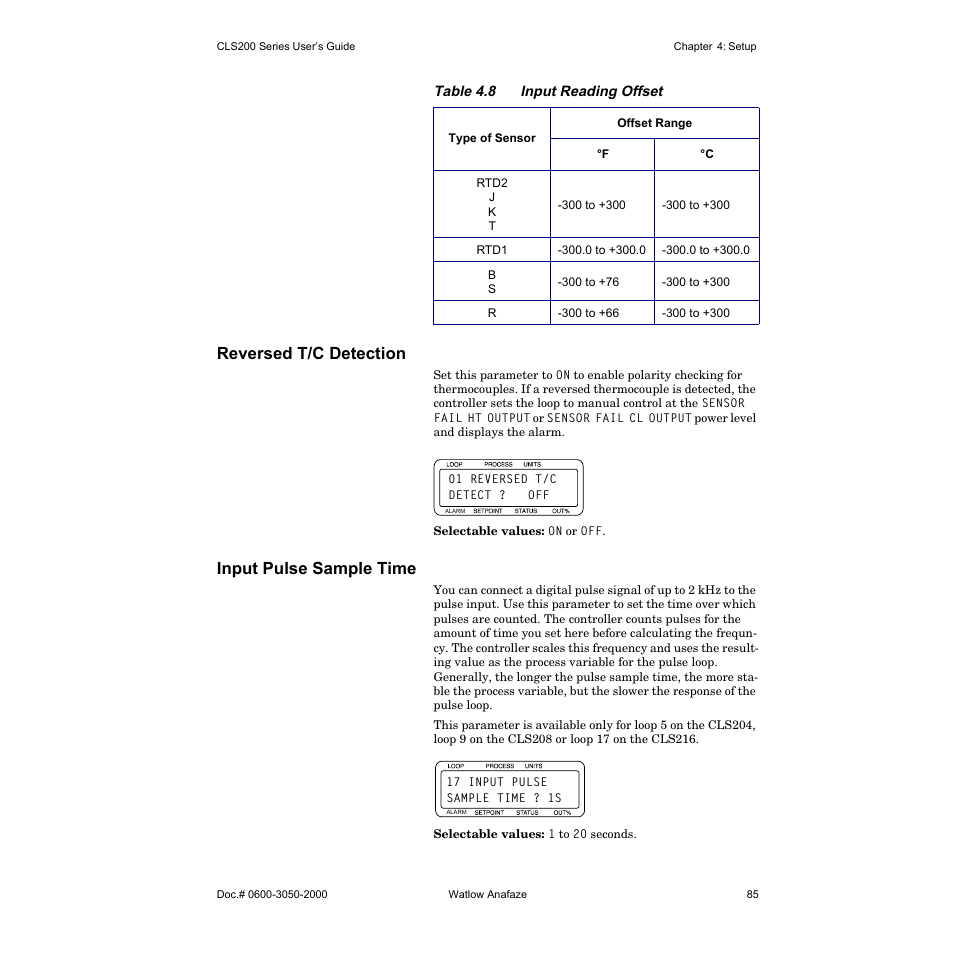 Reversed t/c detection, Input pulse sample time | Watlow CLS200 User Manual | Page 101 / 251