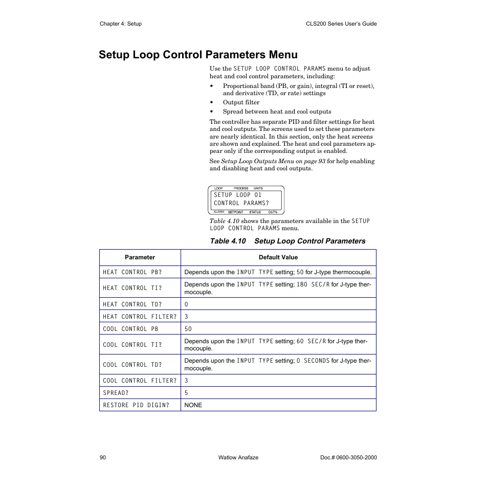 Setup loop control parameters menu | Watlow CLS200 User Manual | Page 106 / 251