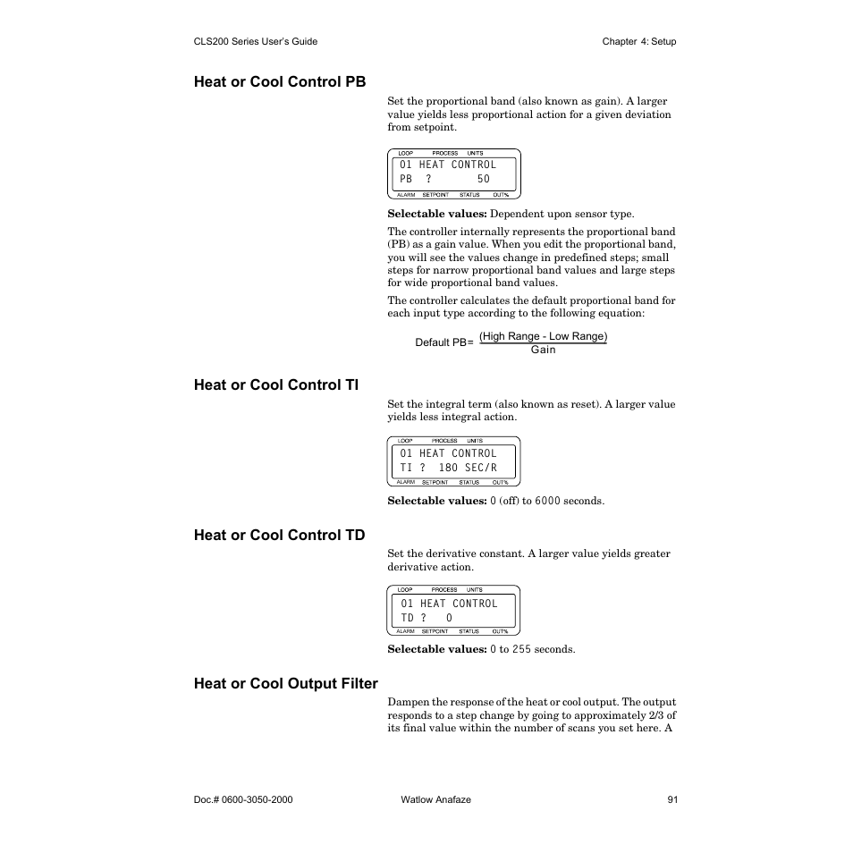 Heat or cool control pb, Heat or cool control ti, Heat or cool control td | Heat or cool output filter | Watlow CLS200 User Manual | Page 107 / 251