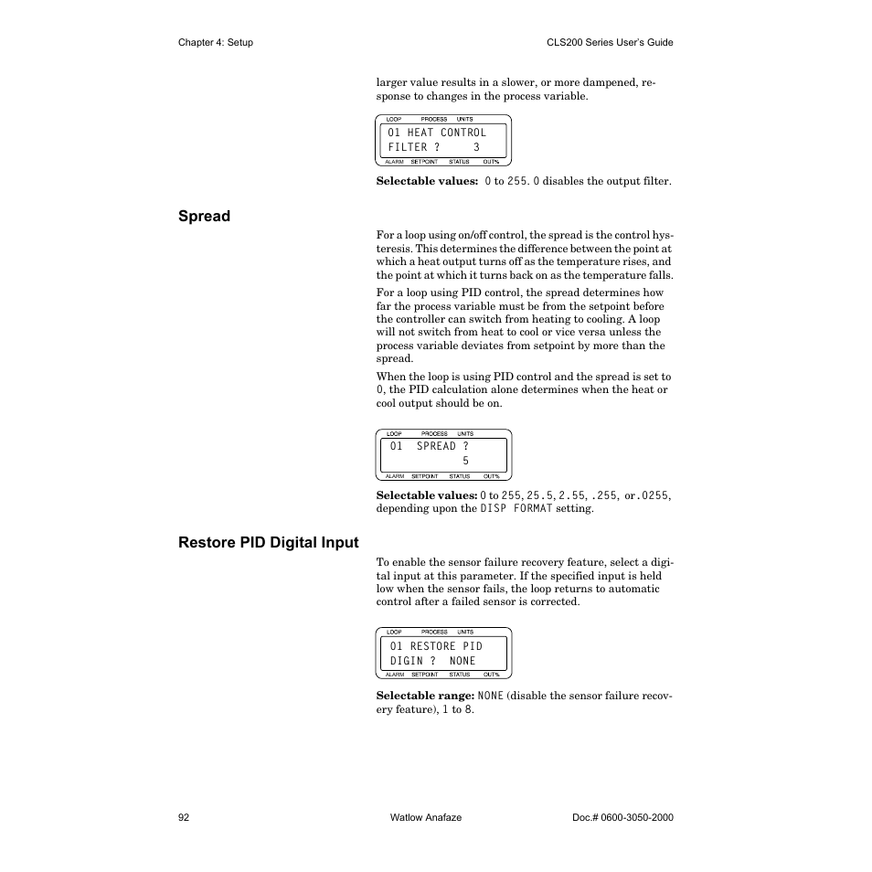 Spread, Restore pid digital input | Watlow CLS200 User Manual | Page 108 / 251