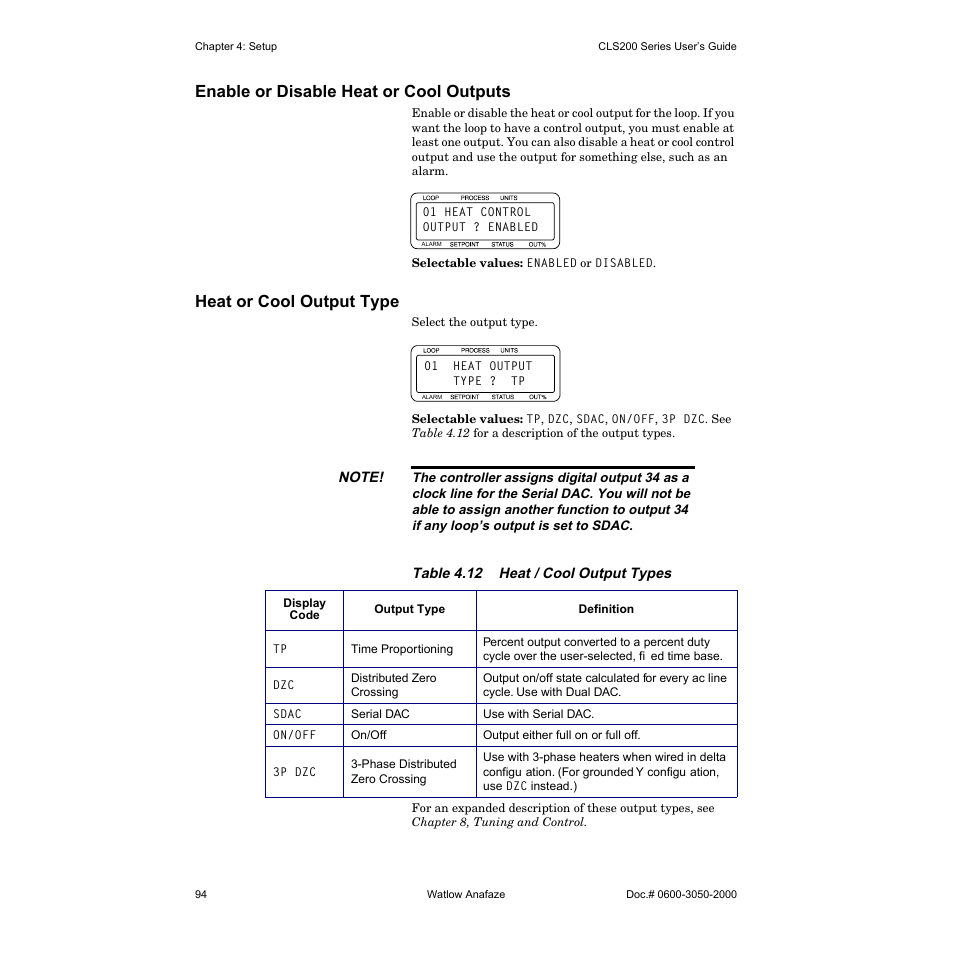 Enable or disable heat or cool outputs, Heat or cool output type | Watlow CLS200 User Manual | Page 110 / 251