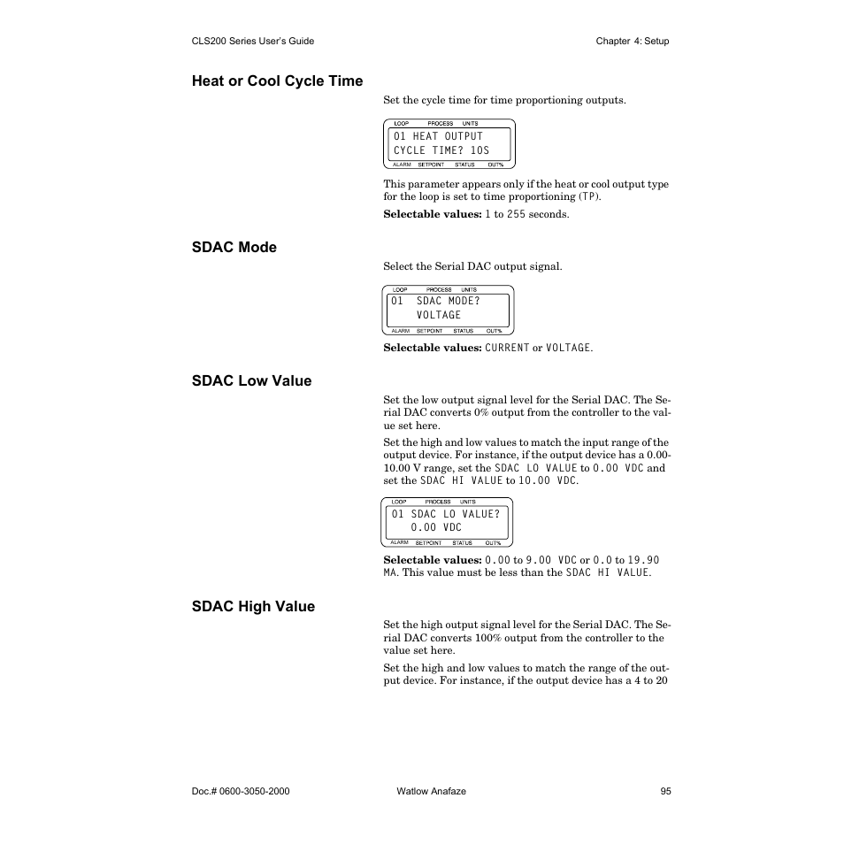 Heat or cool cycle time, Sdac mode, Sdac low value | Sdac high value | Watlow CLS200 User Manual | Page 111 / 251