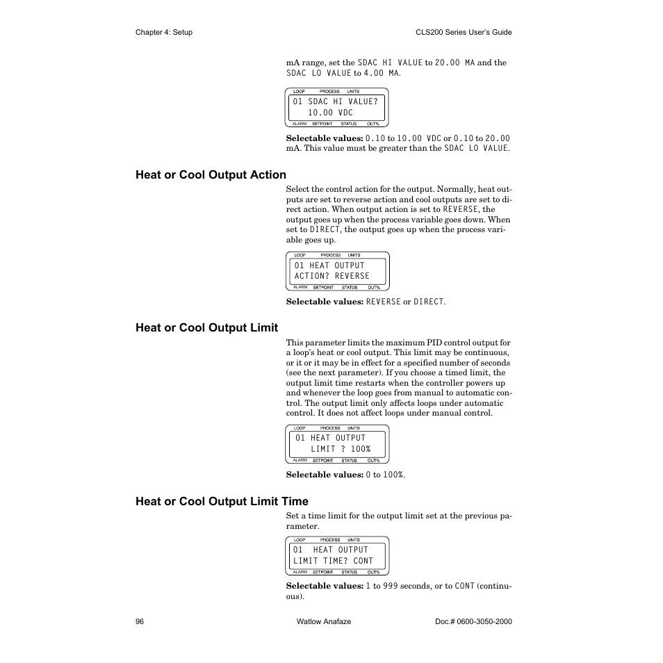 Heat or cool output action, Heat or cool output limit, Heat or cool output limit time | Watlow CLS200 User Manual | Page 112 / 251