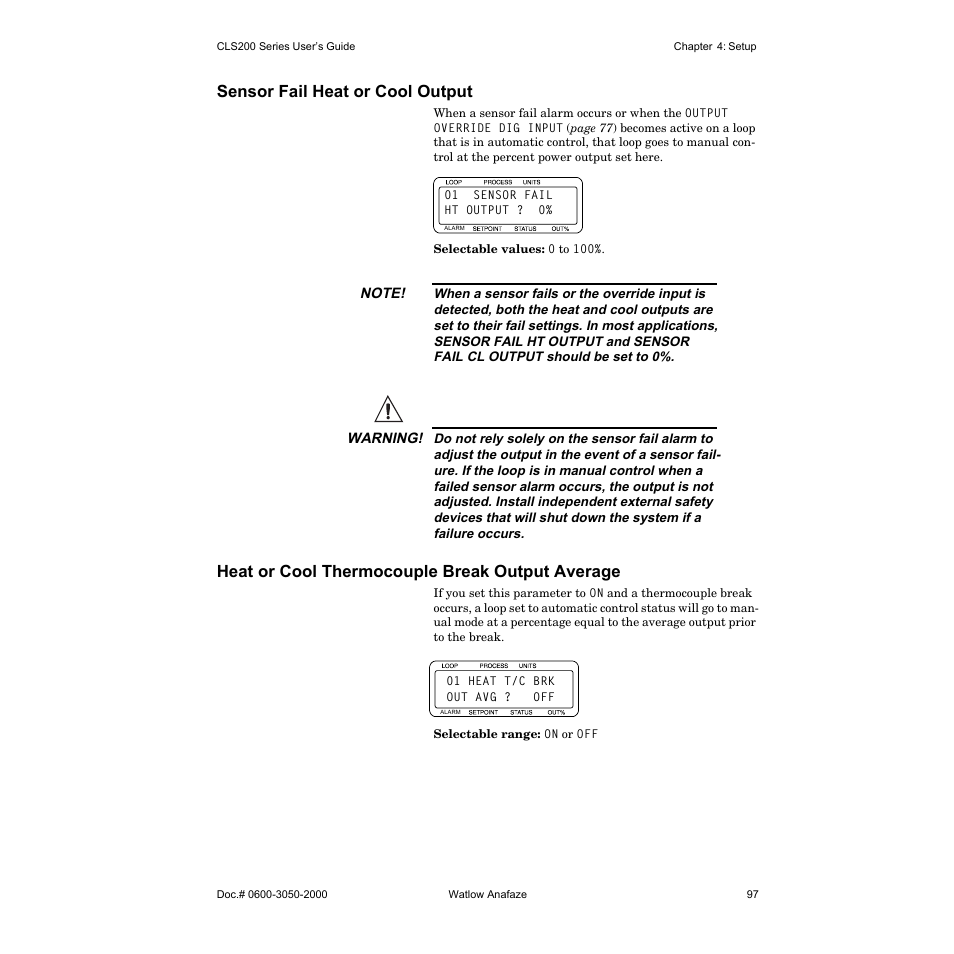 Sensor fail heat or cool output, Heat or cool thermocouple break output average | Watlow CLS200 User Manual | Page 113 / 251