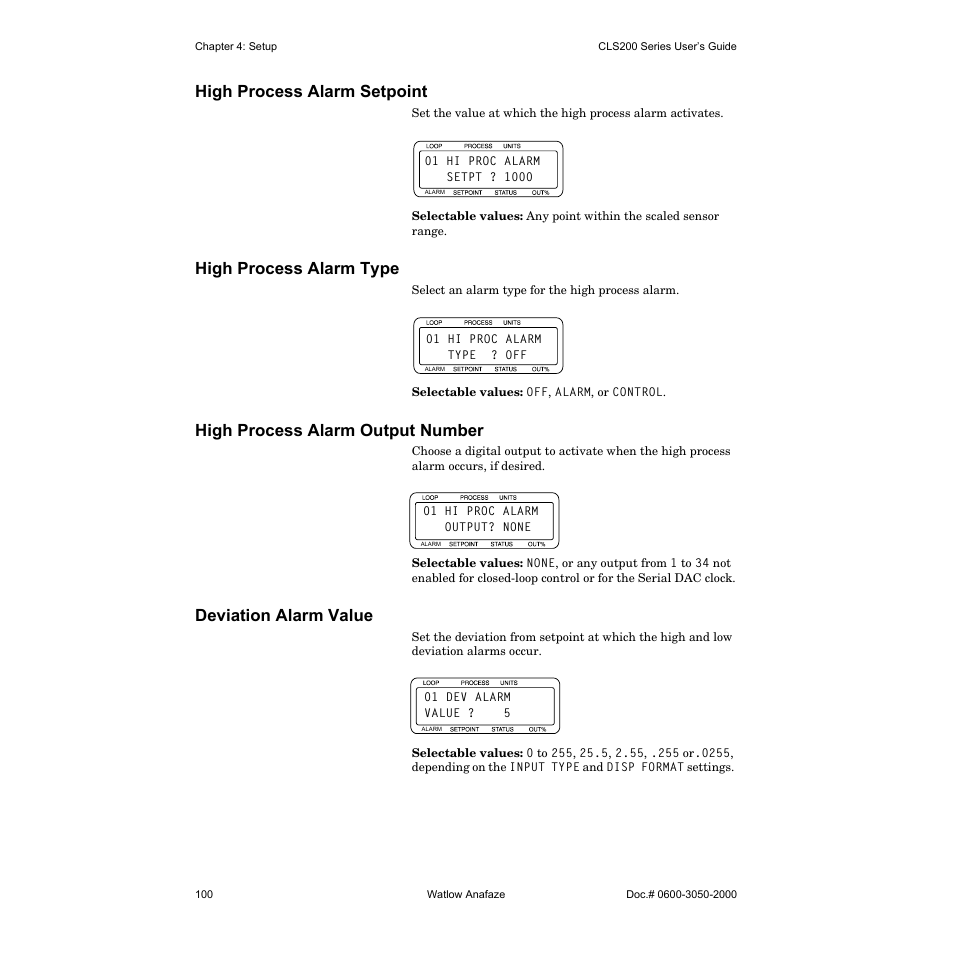 High process alarm setpoint, High process alarm type, High process alarm output number | Deviation alarm value | Watlow CLS200 User Manual | Page 116 / 251