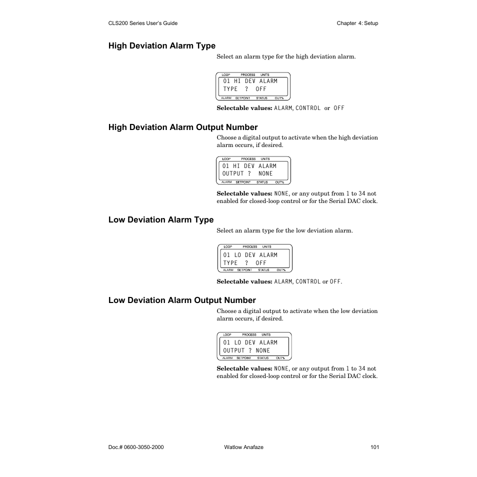 High deviation alarm type, High deviation alarm output number, Low deviation alarm type | Low deviation alarm output number | Watlow CLS200 User Manual | Page 117 / 251