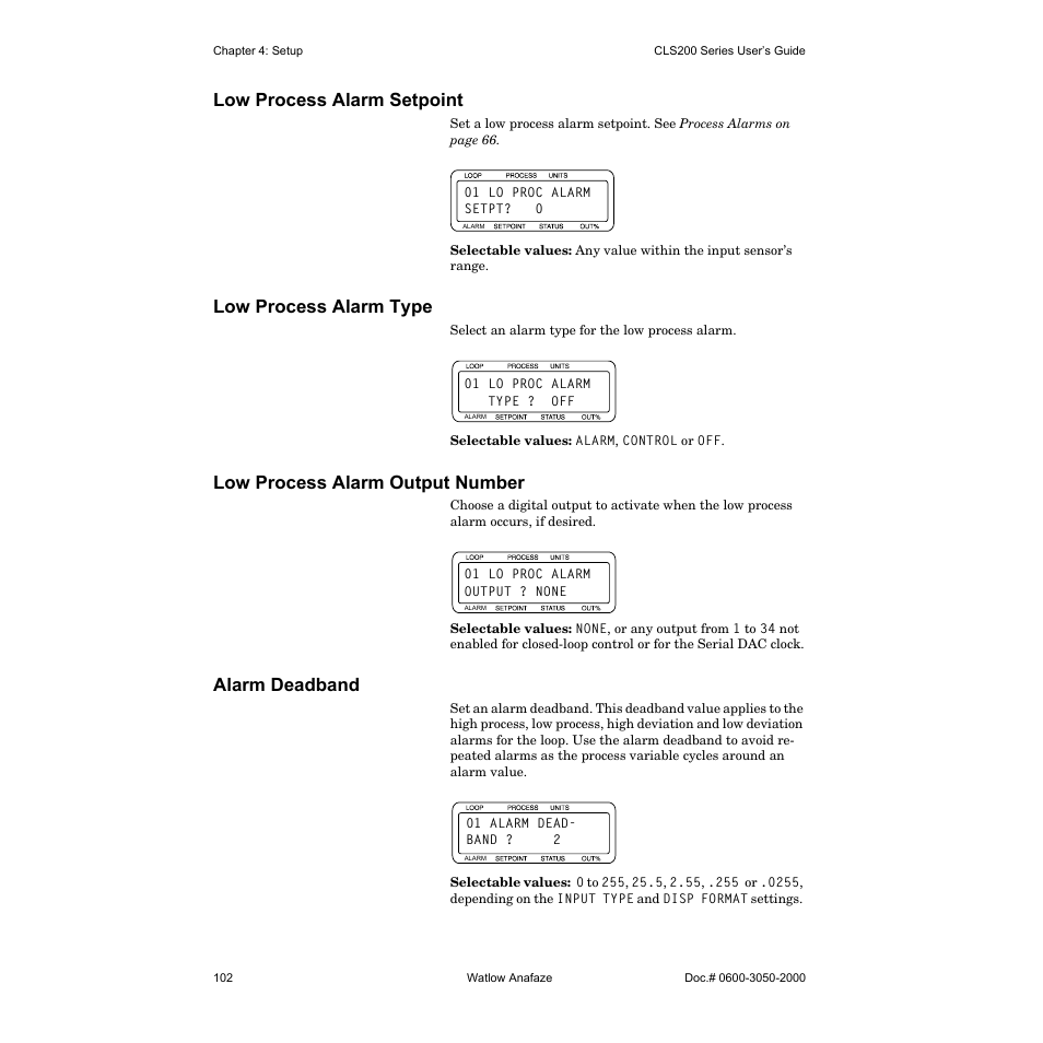 Low process alarm setpoint, Low process alarm type, Low process alarm output number | Alarm deadband | Watlow CLS200 User Manual | Page 118 / 251