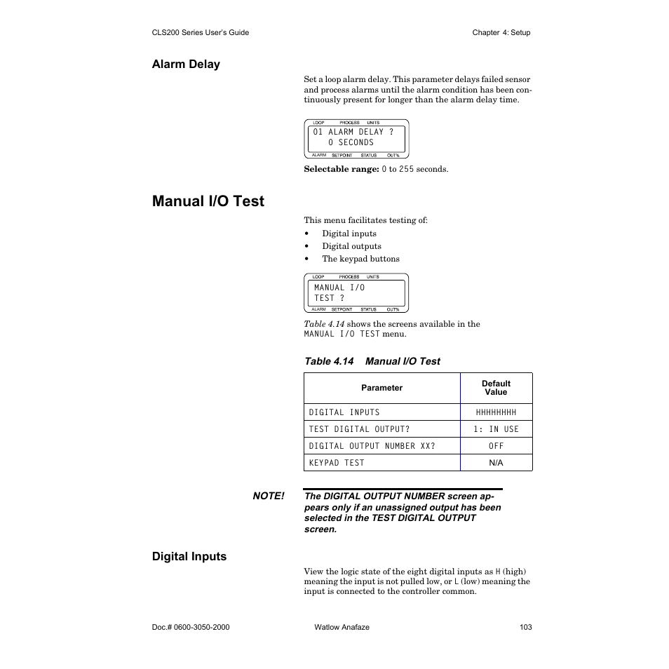 Alarm delay, Manual i/o test, Digital inputs | Watlow CLS200 User Manual | Page 119 / 251
