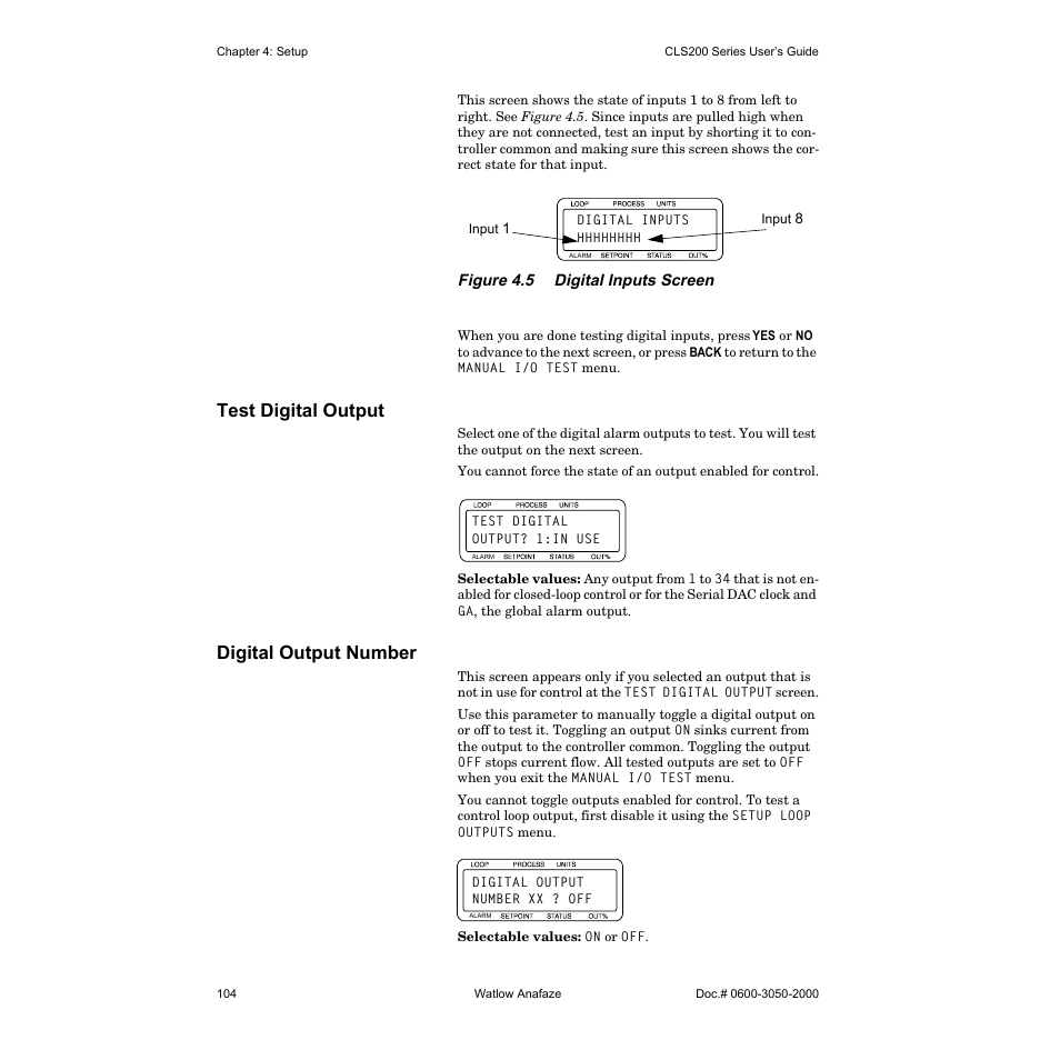Test digital output, Digital output number | Watlow CLS200 User Manual | Page 120 / 251