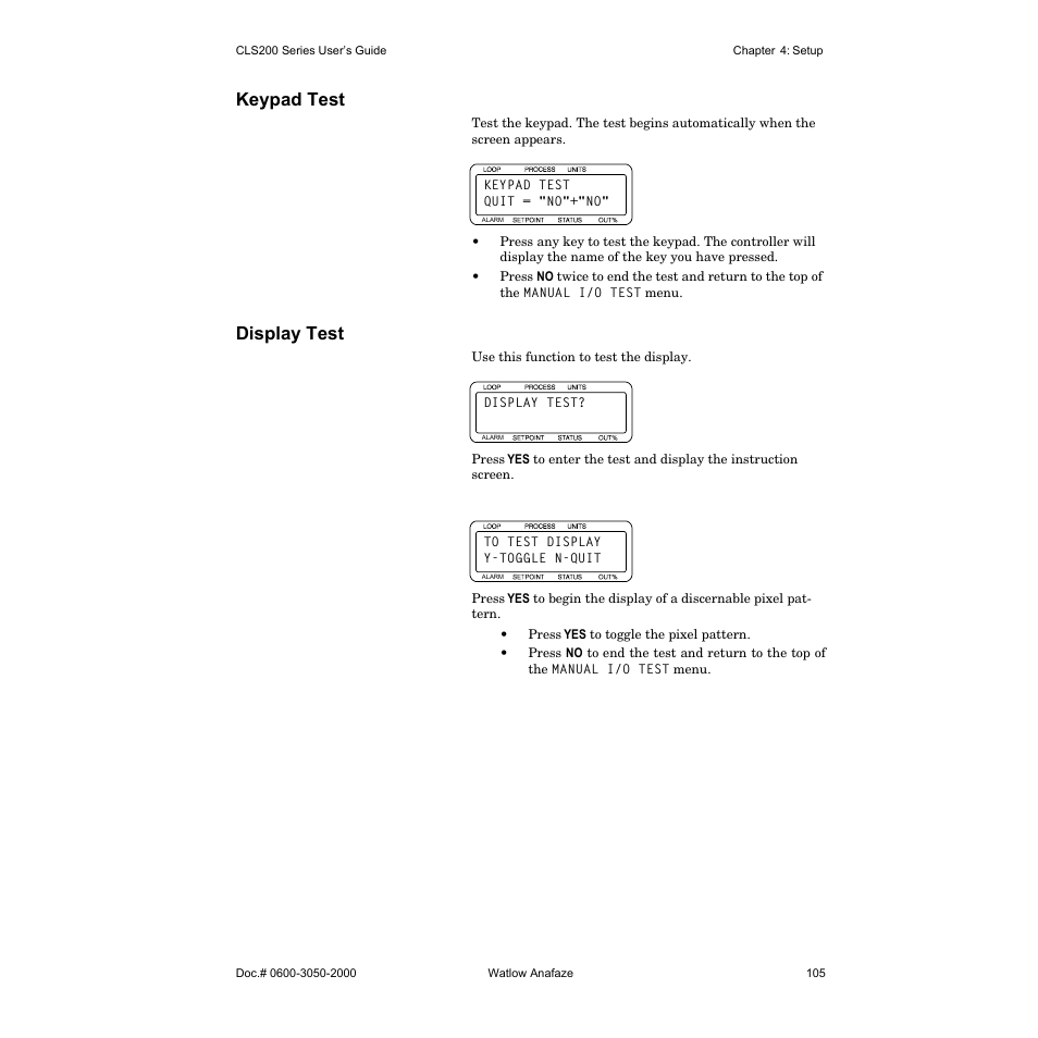 Keypad test, Display test | Watlow CLS200 User Manual | Page 121 / 251