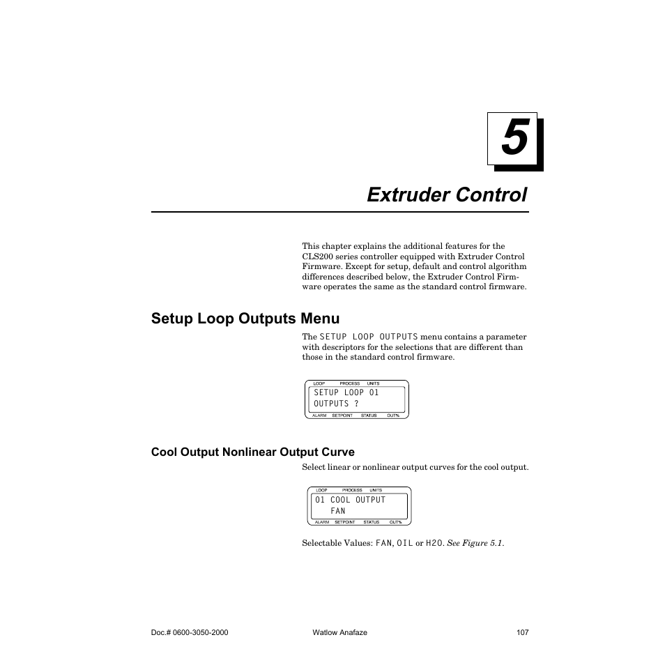 Extruder control, Setup loop outputs menu, Cool output nonlinear output curve | Watlow CLS200 User Manual | Page 123 / 251