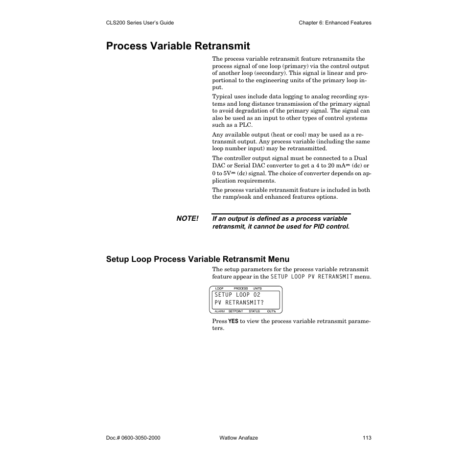 Process variable retransmit, Setup loop process variable retransmit menu | Watlow CLS200 User Manual | Page 129 / 251