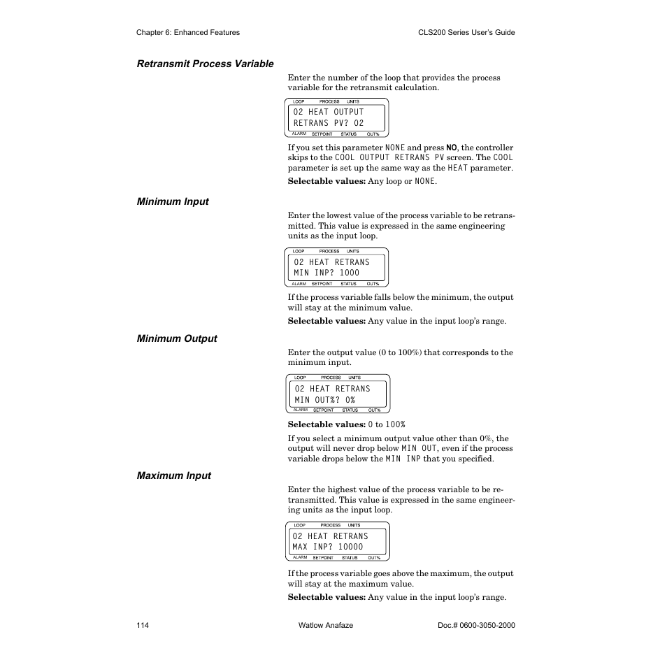 Retransmit process variable, Minimum input, Minimum output | Maximum input | Watlow CLS200 User Manual | Page 130 / 251