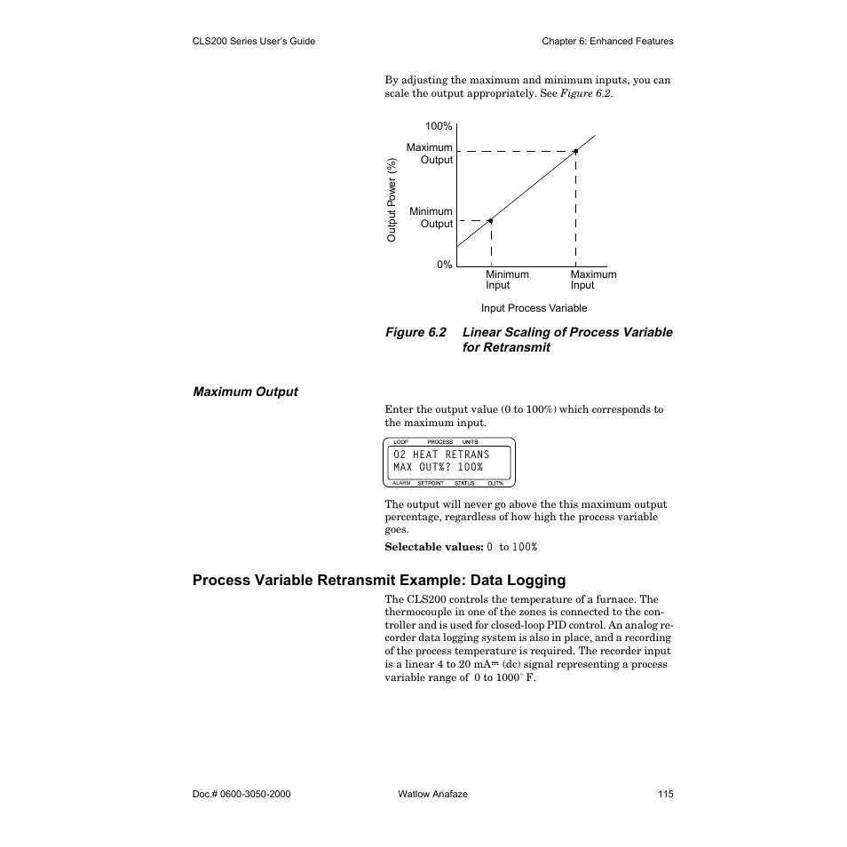 Maximum output, Process variable retransmit example: data logging | Watlow CLS200 User Manual | Page 131 / 251