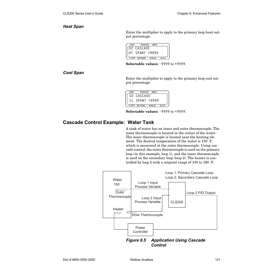 Heat span, Cool span, Cascade control example: water tank | Watlow CLS200 User Manual | Page 137 / 251