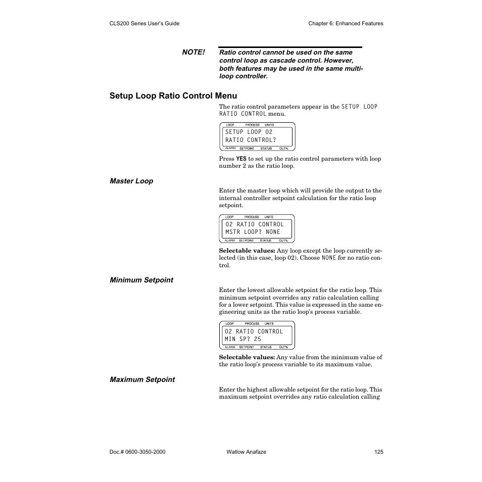 Setup loop ratio control menu, Master loop, Minimum setpoint | Maximum setpoint | Watlow CLS200 User Manual | Page 141 / 251