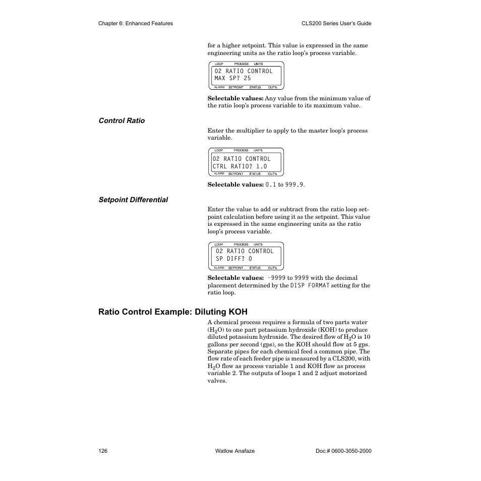 Control ratio, Setpoint differential, Ratio control example: diluting koh | Watlow CLS200 User Manual | Page 142 / 251