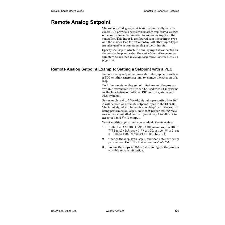 Remote analog setpoint | Watlow CLS200 User Manual | Page 145 / 251
