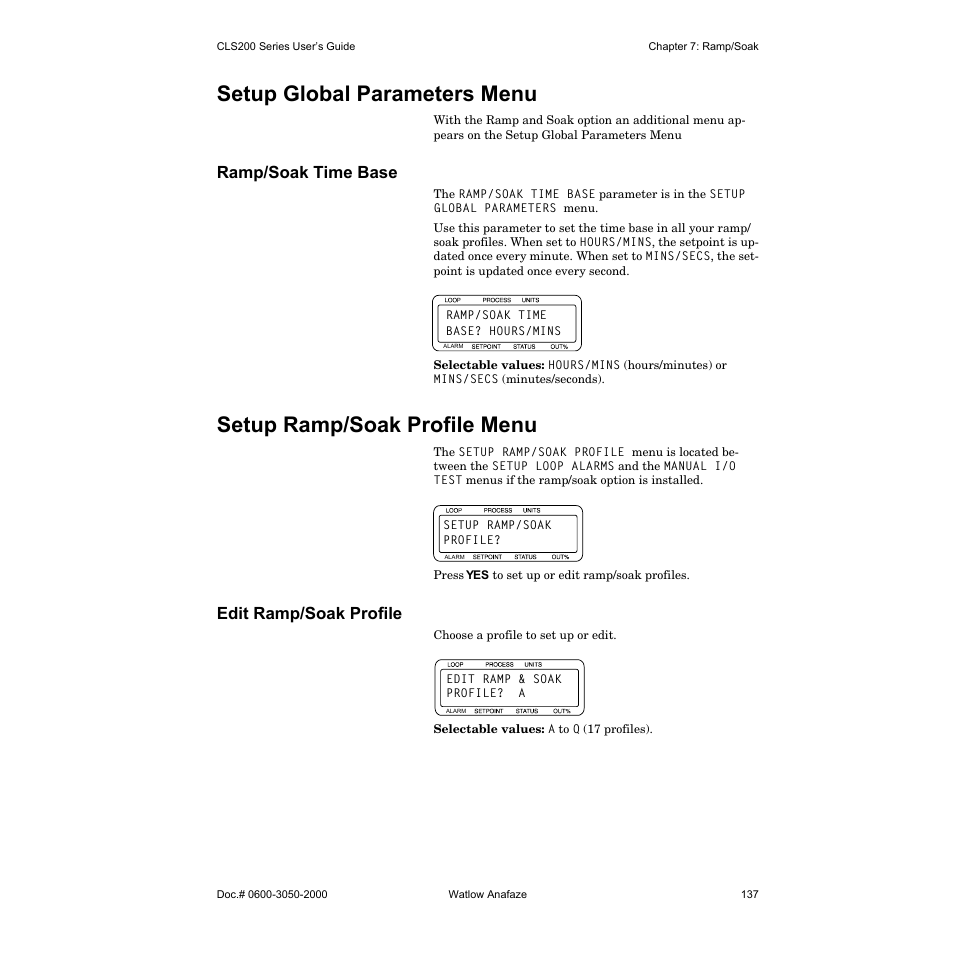 Setup global parameters menu, Ramp/soak time base, Setup ramp/soak profile menu | Edit ramp/soak profile | Watlow CLS200 User Manual | Page 153 / 251