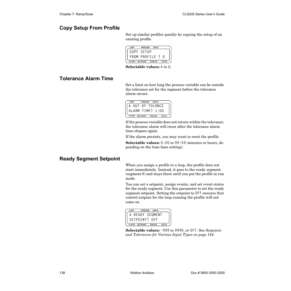 Copy setup from profile, Tolerance alarm time, Ready segment setpoint | Watlow CLS200 User Manual | Page 154 / 251