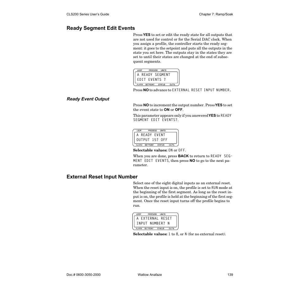 Ready segment edit events, Ready event output, External reset input number | Watlow CLS200 User Manual | Page 155 / 251