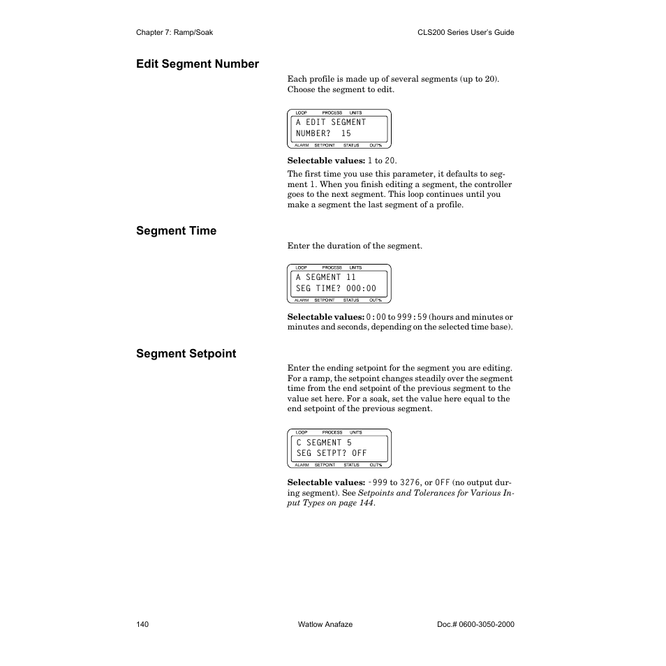 Edit segment number, Segment time, Segment setpoint | Watlow CLS200 User Manual | Page 156 / 251
