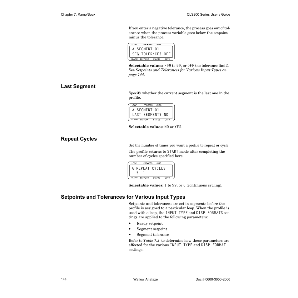 Last segment, Repeat cycles, Setpoints and tolerances for various input types | Watlow CLS200 User Manual | Page 160 / 251