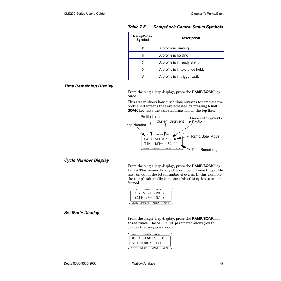 Time remaining display, Cycle number display, Set mode display | Watlow CLS200 User Manual | Page 163 / 251