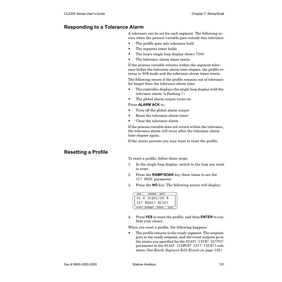 Responding to a tolerance alarm, Resetting a profile | Watlow CLS200 User Manual | Page 167 / 251