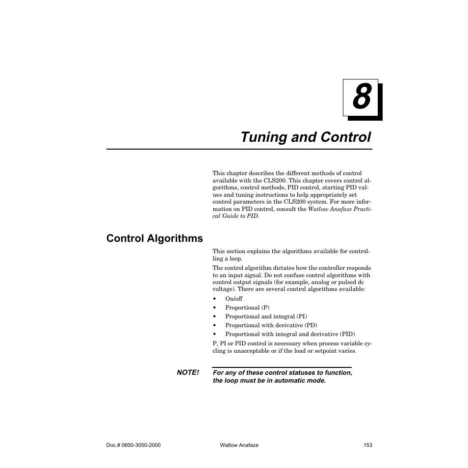 Tuning and control, Control algorithms | Watlow CLS200 User Manual | Page 169 / 251
